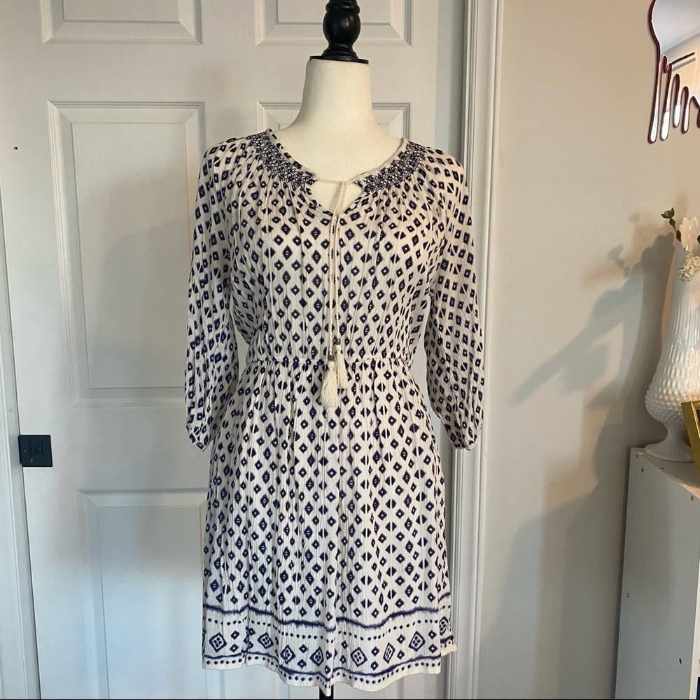 Boho Dress Navy Print Tassel Tie